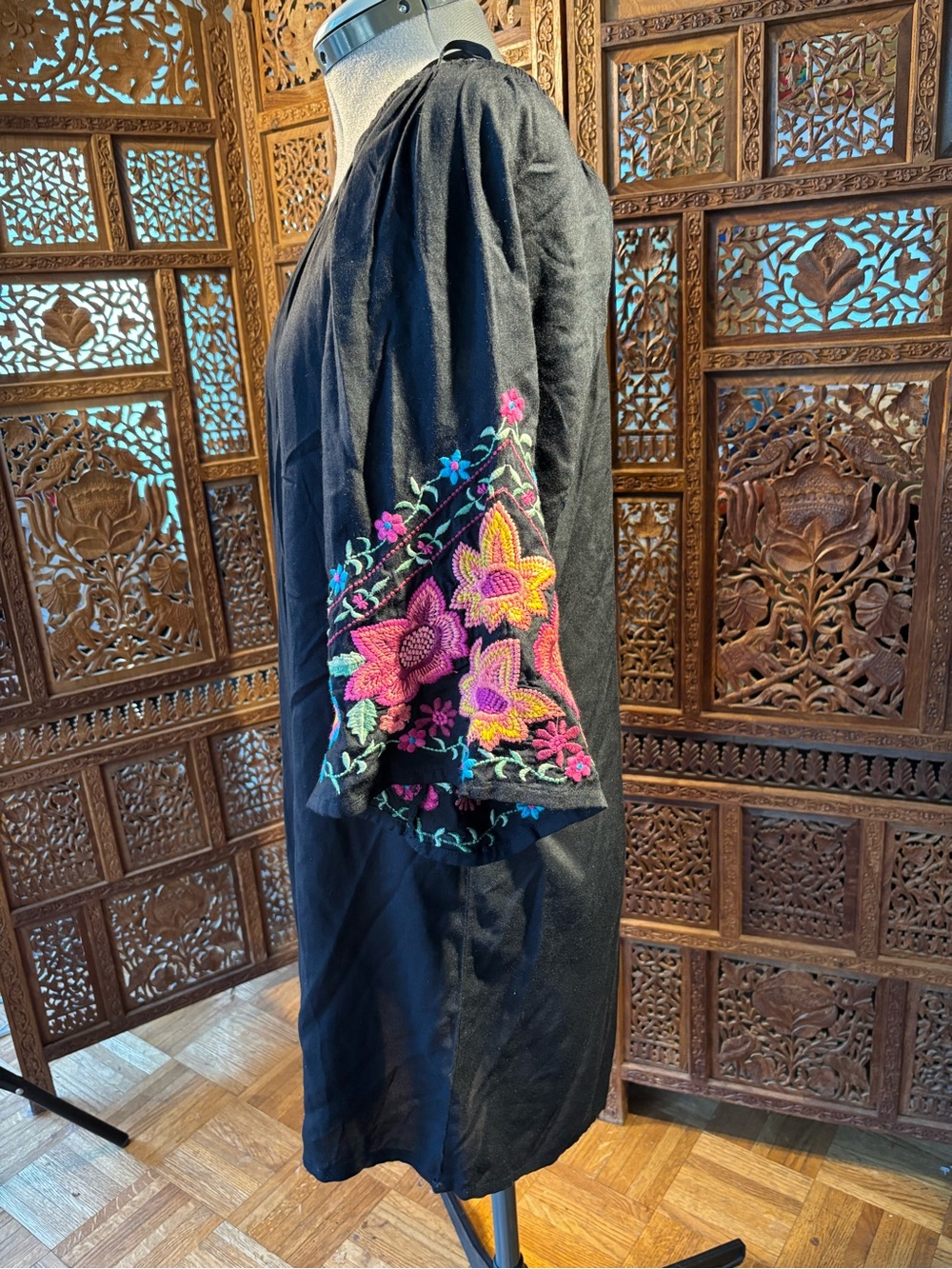Black Midi Dress with Colorful Embroidered Sleeves